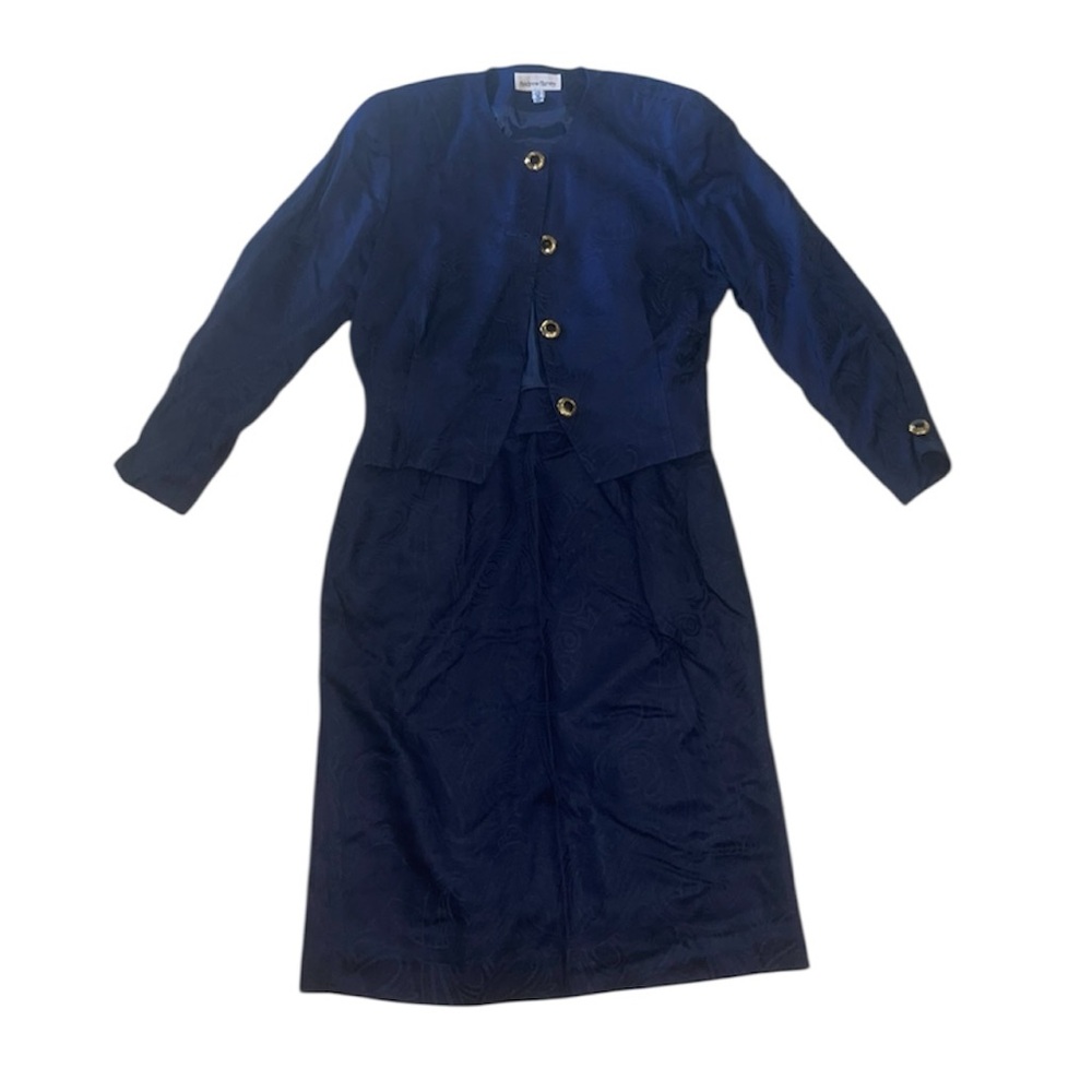VINTAGE DARK BLUE PAISLEY MATCHING SET OF MIDI SKIRT AND BUTTON UP BLAZER